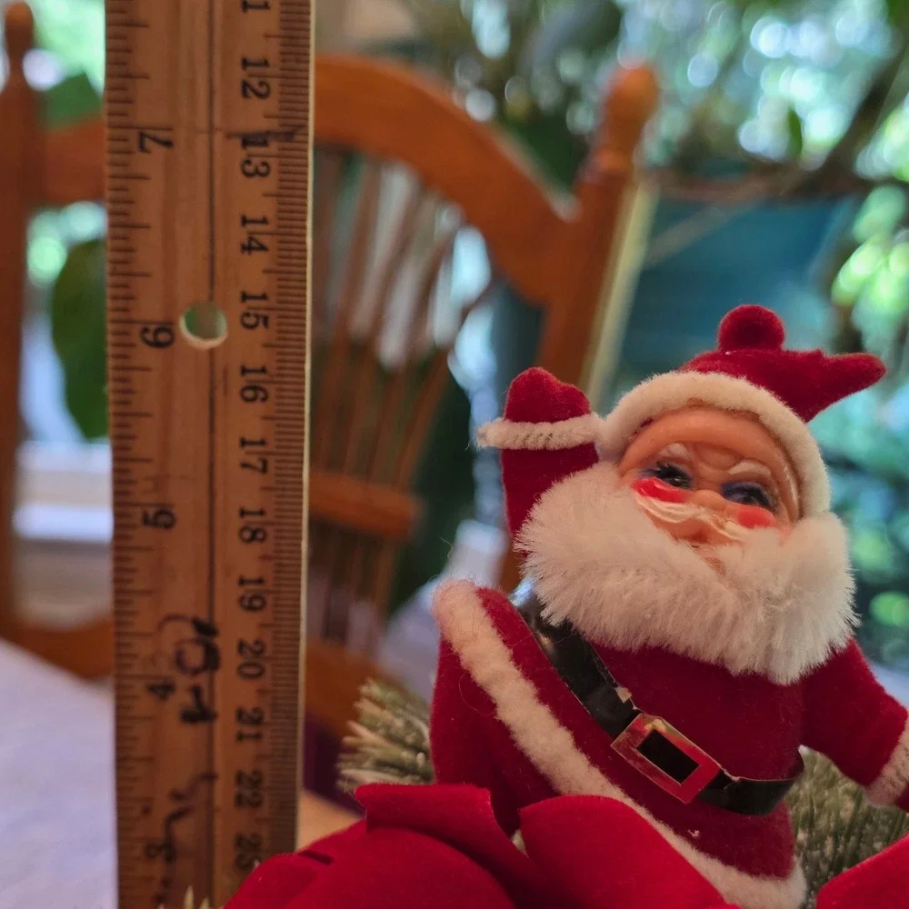Vintage Flocked Santa Claus on Straw Hay Bale Christmas Centerpiece Red Velvet